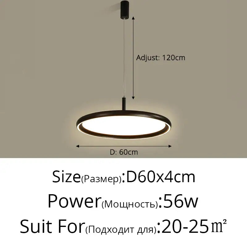 Black circular led chandelier light by decorbites with modern design and adjustable hanging length for home use