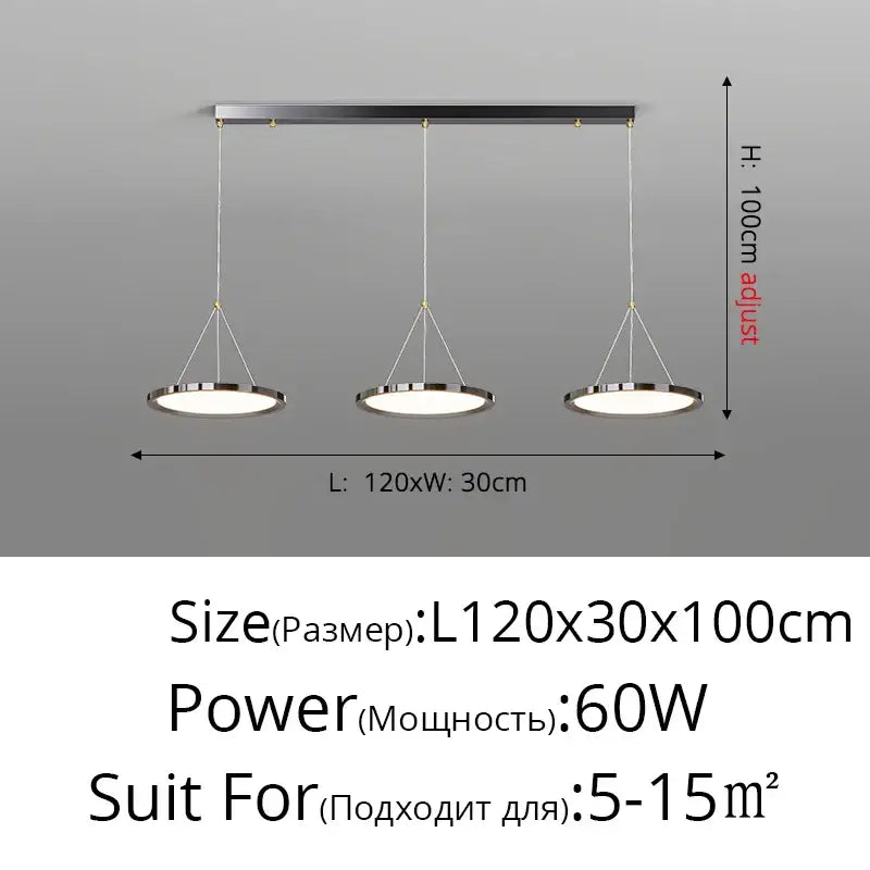 Modern minimalist decorbites led chandelier with three chrome circular shades and adjustable height for indoor living spaces