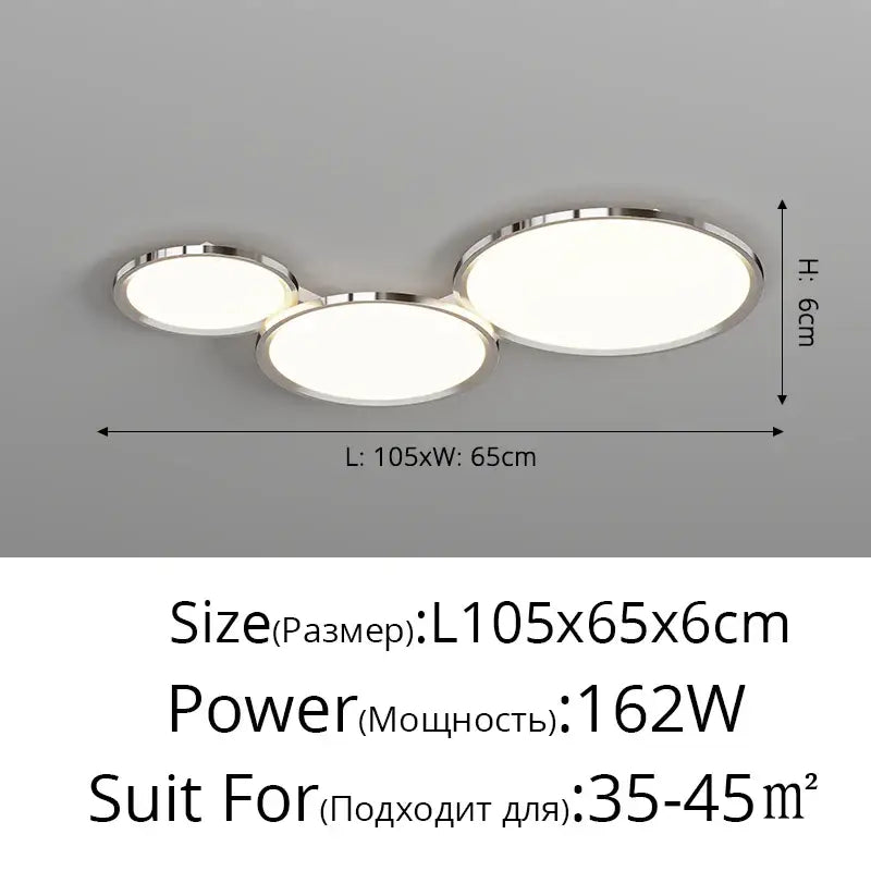 Modern chrome-finished decorbites led chandelier with three circular led panels for indoor living spaces