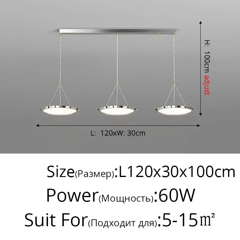Modern minimalist decorbites led chandelier with three chrome circular shades and adjustable height for indoor living spaces