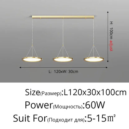 Modern gold-toned decorbites led chandelier with three circular glowing lamps for indoor living room and dining room use