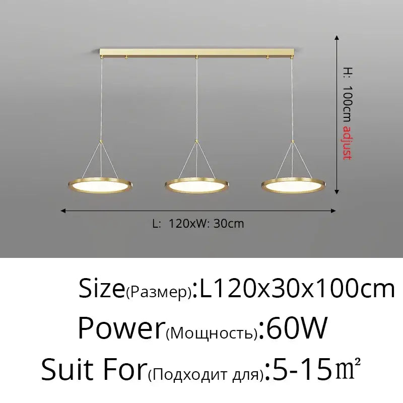 Modern gold-toned decorbites led chandelier with three circular glowing lamps for indoor living room and dining room use
