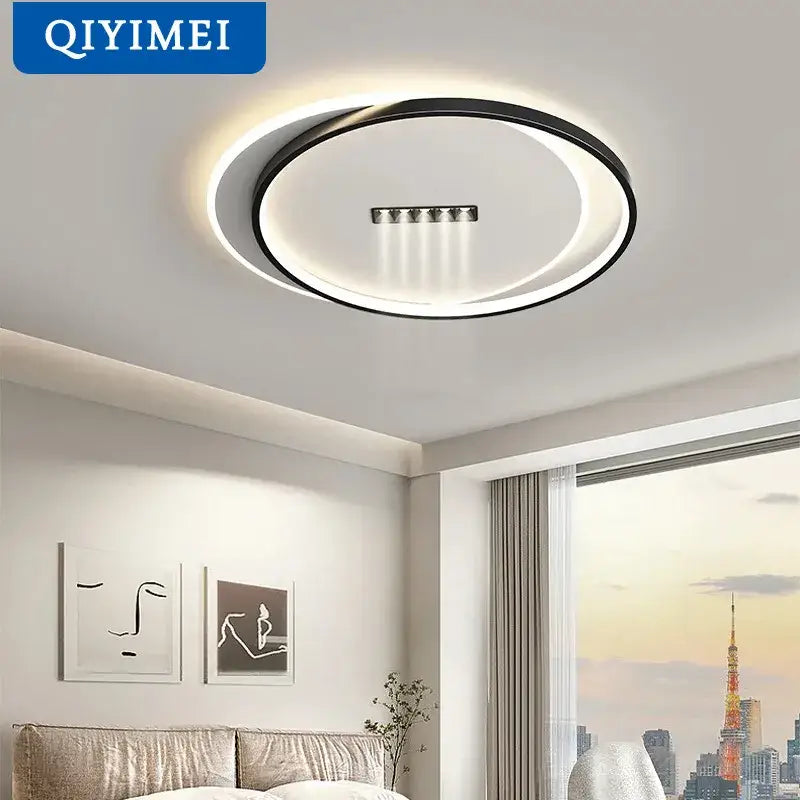 Modern circular led chandelier light with sleek black frame and white glowing ring by qiyimei decorbites led chandelier
