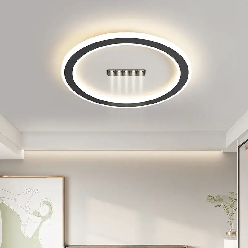 Modern decorbites led chandelier lights with circular black and white design, illuminated ring, and five embedded led bulbs