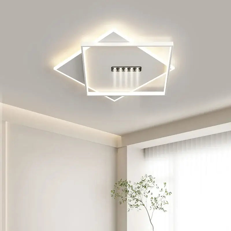 Modern white DecorBites LED chandelier lights featuring geometric design with illuminated edges and central LED strip for indoor use