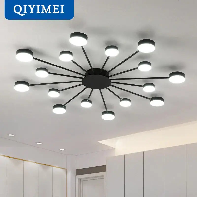 Black modern DecorBites LED chandelier with multiple circular LED bulbs in a radial starburst pattern for indoor use