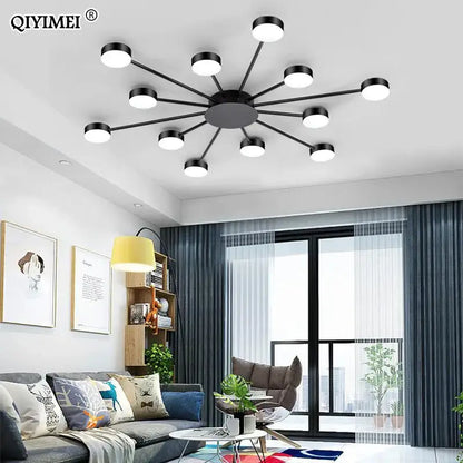 Black modern decorbites led chandelier with multiple circular bulbs arranged radially for indoor home lighting