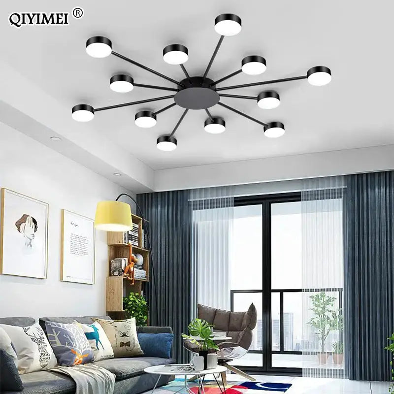 Black modern decorbites led chandelier with multiple circular bulbs arranged radially for indoor home lighting