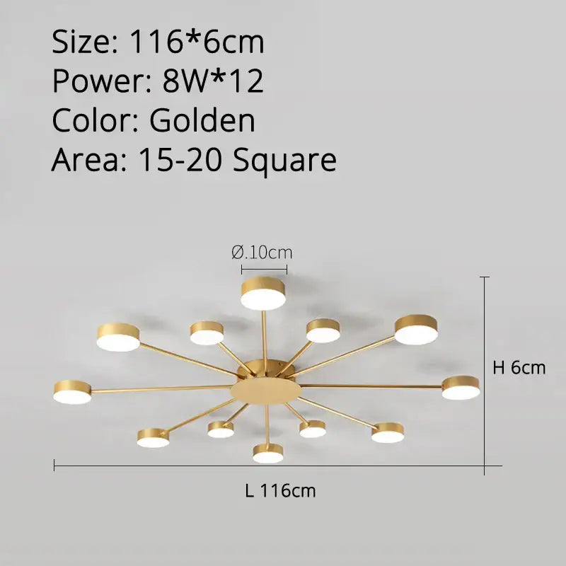 Golden decorbites led chandelier with twelve circular led bulbs in a modern starburst design for indoor lighting