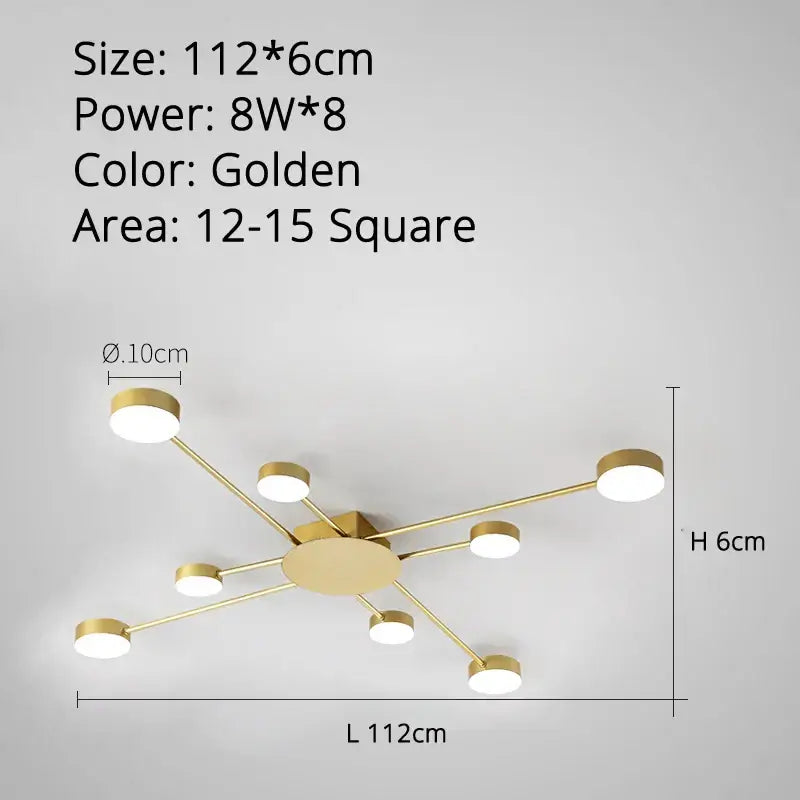 Golden modern decorbites led chandelier with eight circular bulbs in radial design for indoor living spaces