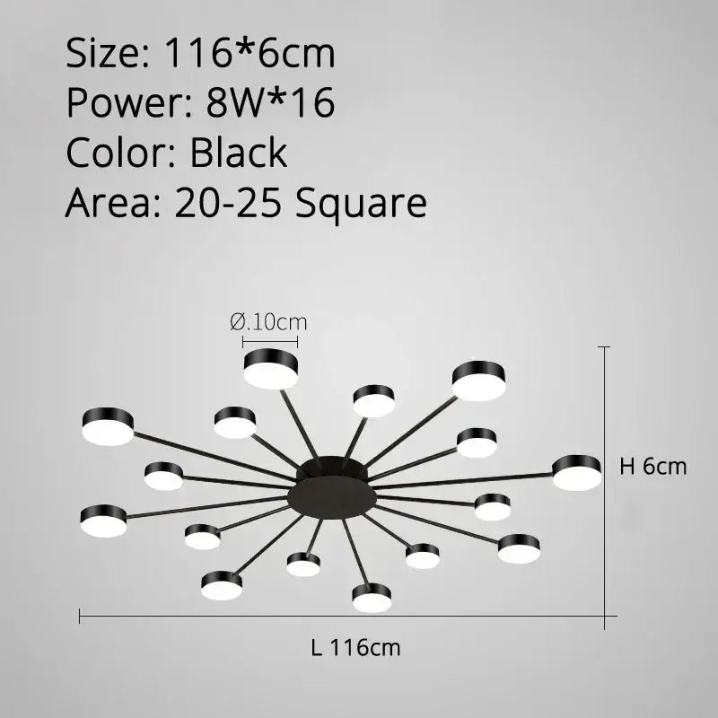 Black modern decorbites led chandelier with 16 circular led bulbs in a radial starburst pattern for indoor use