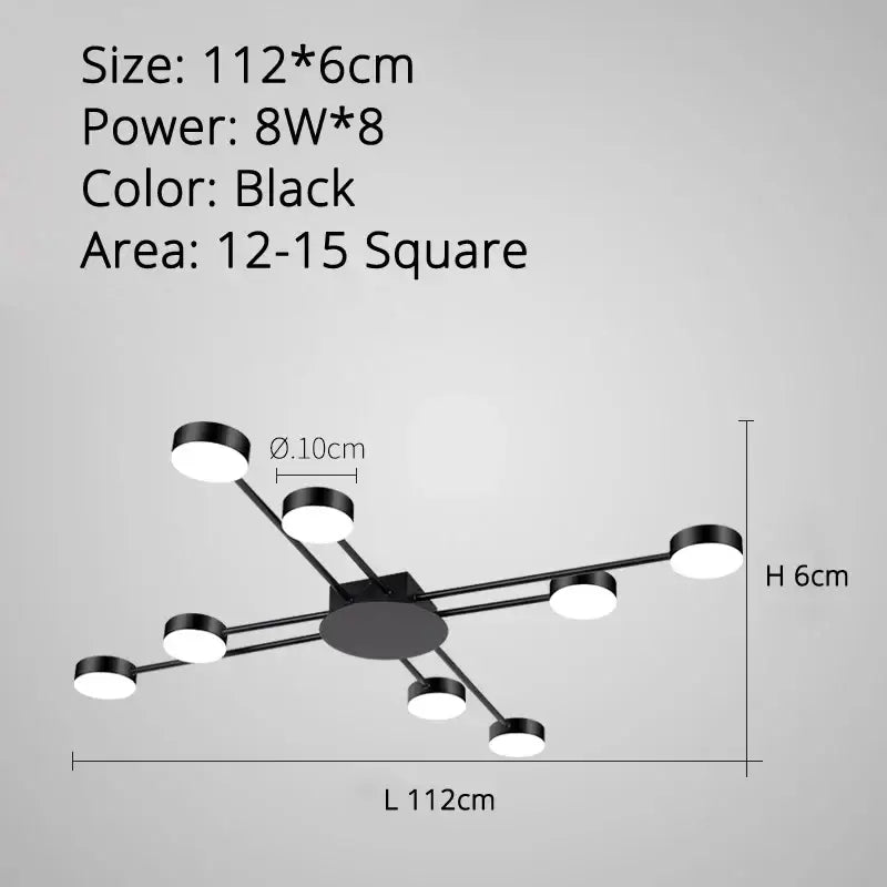 Black modern decorbites led chandelier with eight circular led bulbs in a symmetrical radial pattern for indoor use