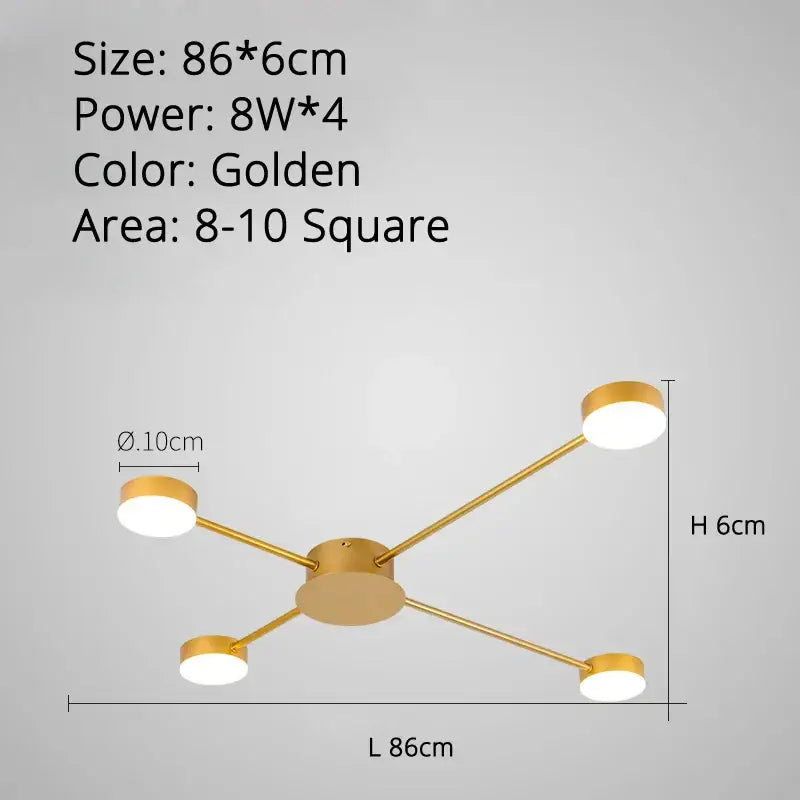 Golden modern decorbites led chandelier with four circular bulbs and slender arms for indoor living spaces
