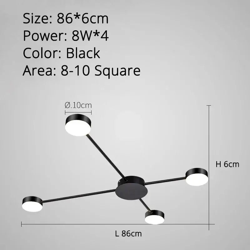 Black modern decorbites led chandelier with four circular led bulbs in geometric pattern for indoor lighting
