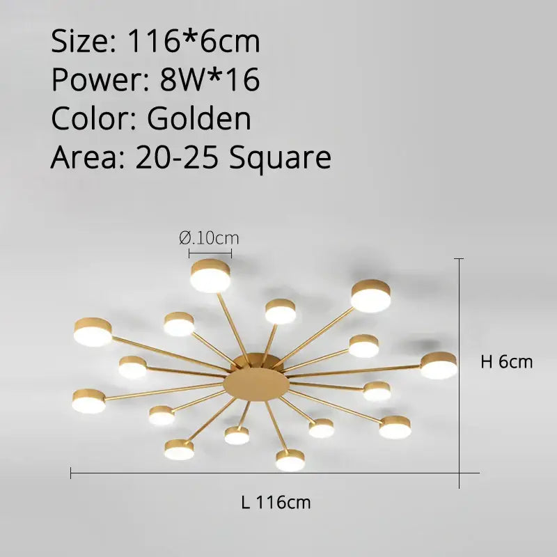 Golden starburst decorbites led chandelier with multiple circular bulbs radiating from central hub for indoor lighting