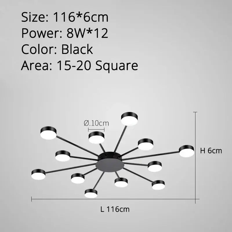 Black modern decorbites led chandelier with twelve circular led bulbs in a radial pattern for indoor lighting