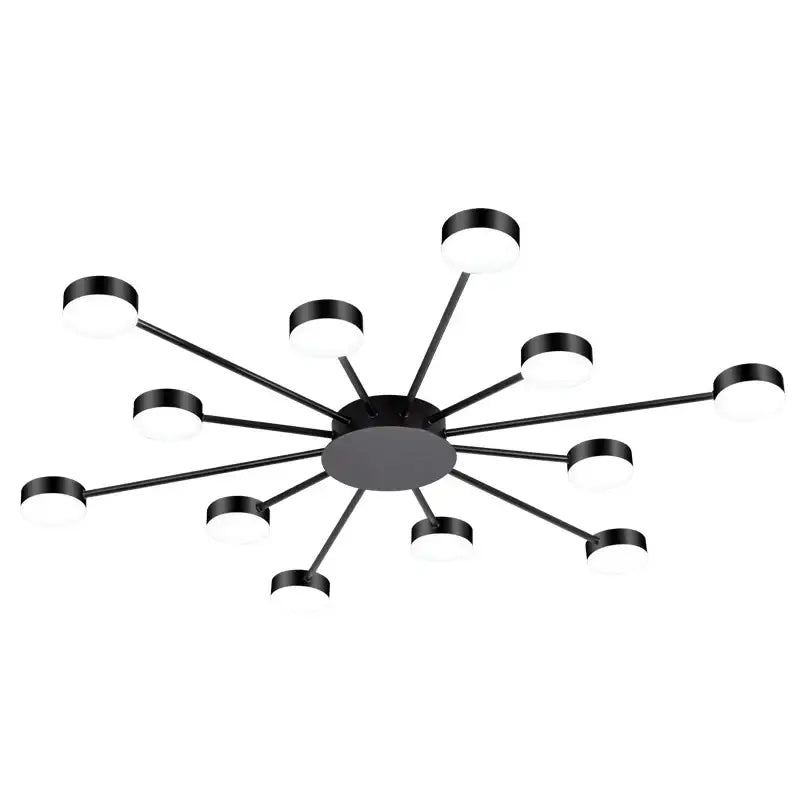 Black modern decorbites led chandelier with multiple circular led bulbs in a radial starburst pattern for indoor use