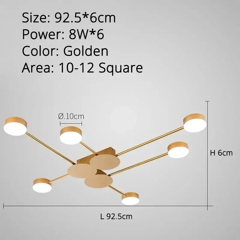 Golden modern decorbites led chandelier with six circular led bulbs and central geometric frame for indoor lighting