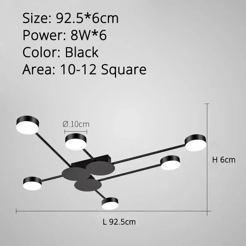 Black modern decorbites led chandelier with six circular led bulbs in a radial pattern for indoor lighting