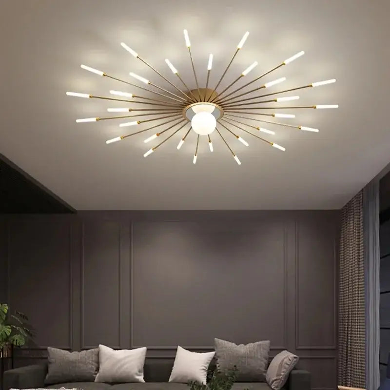 Gold-toned decorbites led chandelier light with slender rods and central bulb for modern indoor living room use