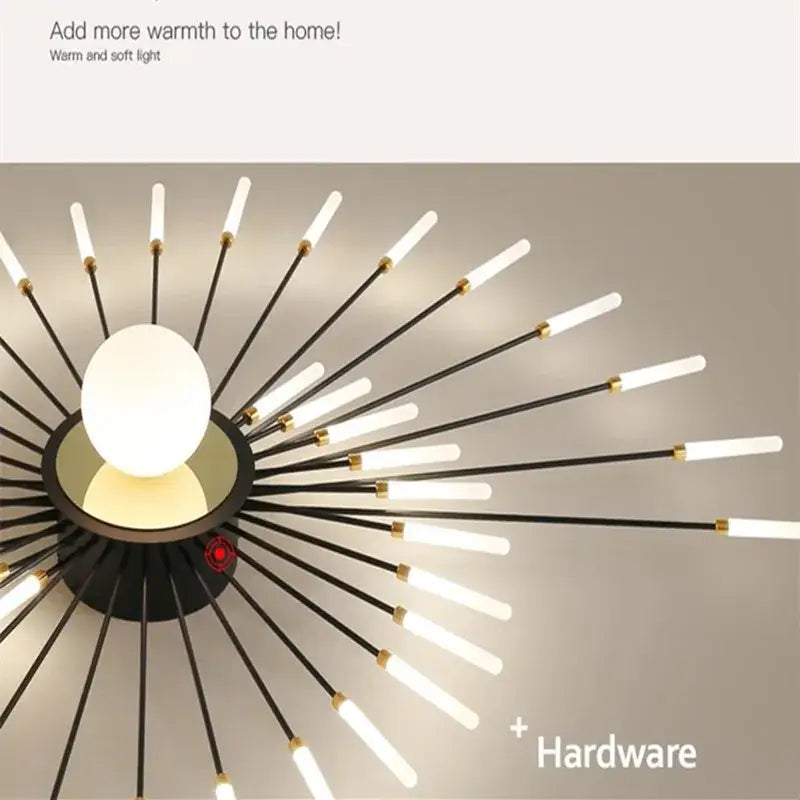 Modern black and gold decorbites led chandelier lights featuring multiple glowing white led rods for indoor living room use