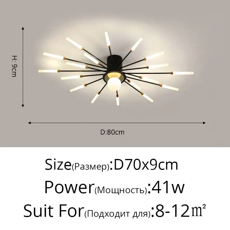 Modern black and brass DecorBites LED chandelier lights with frosted glass rods for indoor living room lighting