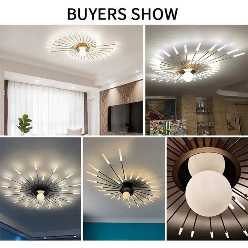 Modern starburst chandelier lights with brass fixture and black rods holding frosted caps for indoor lighting by decorbites led chandelier