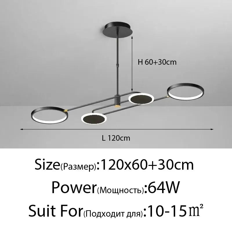 Modern black minimalist led chandelier lights with three circular rings and central rod by decorbites led chandelier