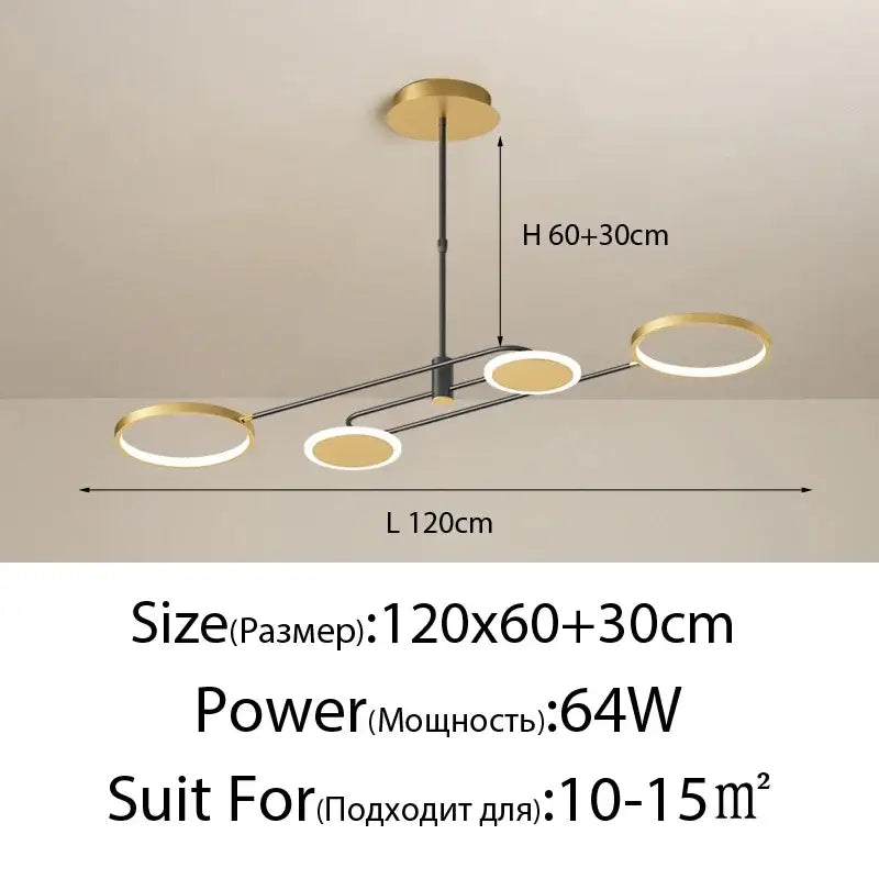 Modern gold-toned decorbites led chandelier with sleek black frame and adjustable arms for living room and home decor