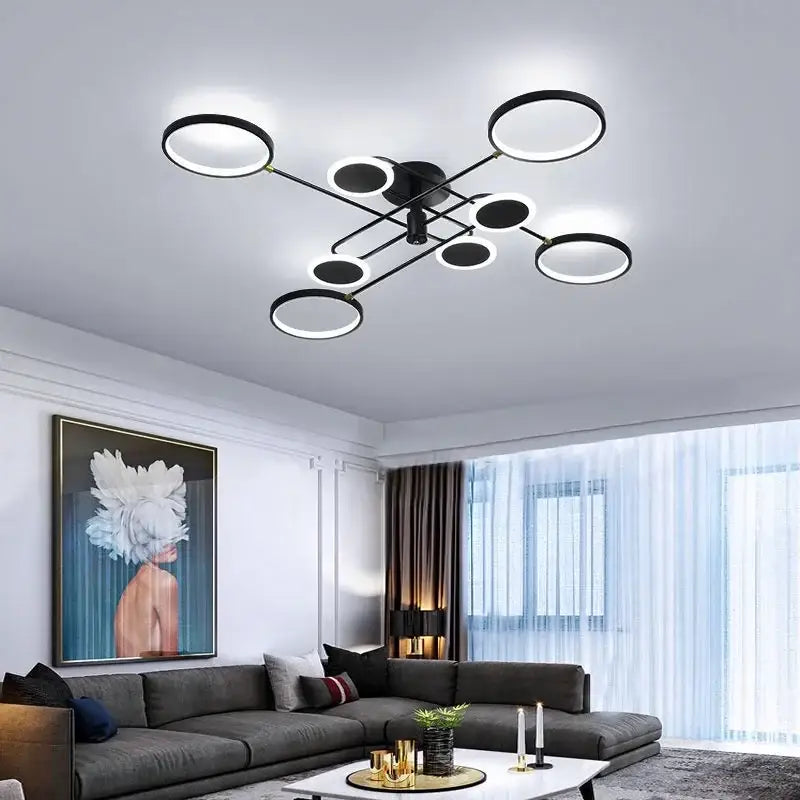 Modern black and white circular decorbites led chandelier with sleek geometric design for living room and bedroom lighting