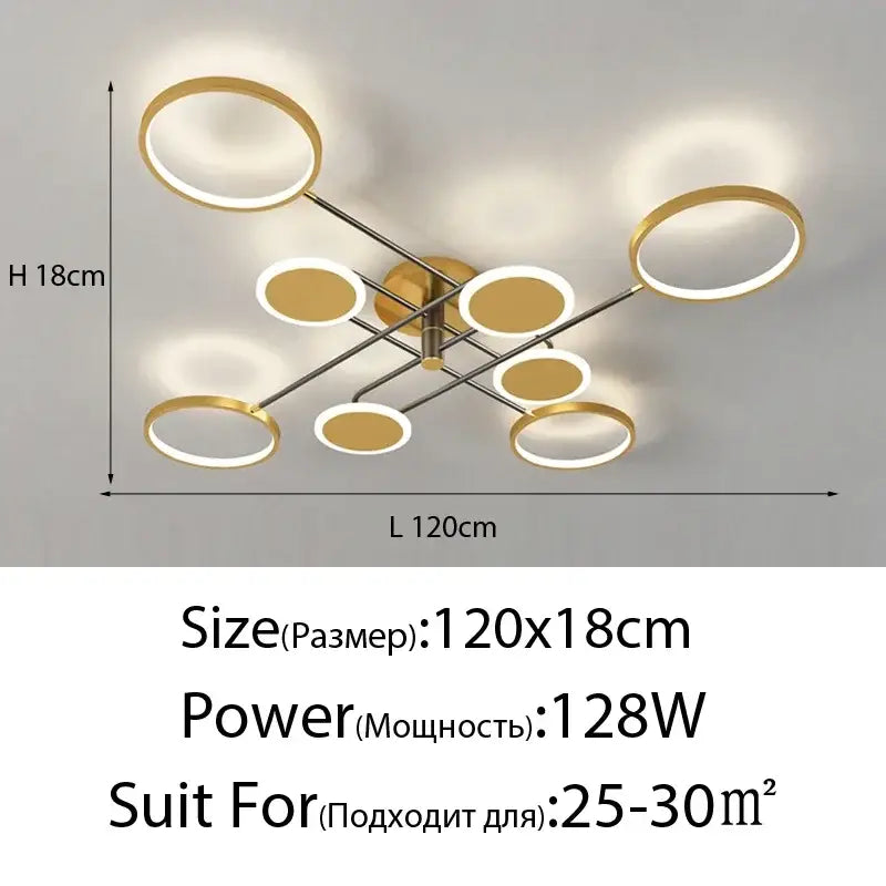 Modern gold-toned circular decorbites led chandelier with sleek geometric design for living room and bedroom lighting