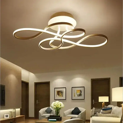 Modern infinity loop ceiling lamp by DecorBites with sleek gold and white design for living dining and bedroom lighting