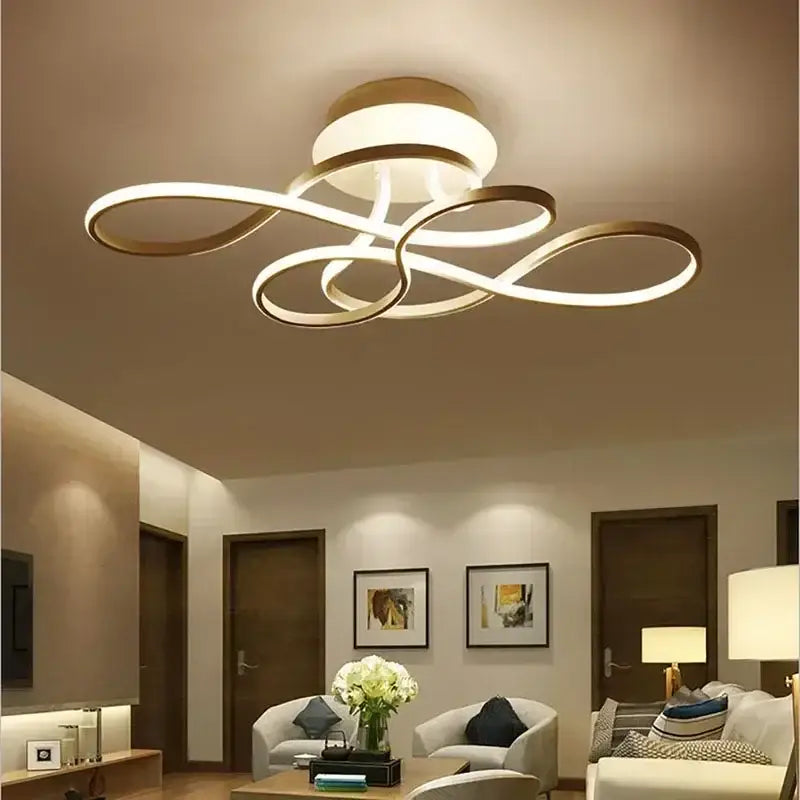 Modern infinity loop ceiling lamp by DecorBites with sleek gold and white design for living dining and bedroom lighting