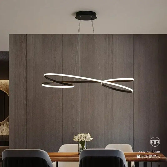 Modern infinity-loop decorbites led chandelier with sleek black and white led rings for indoor home and hotel decor
