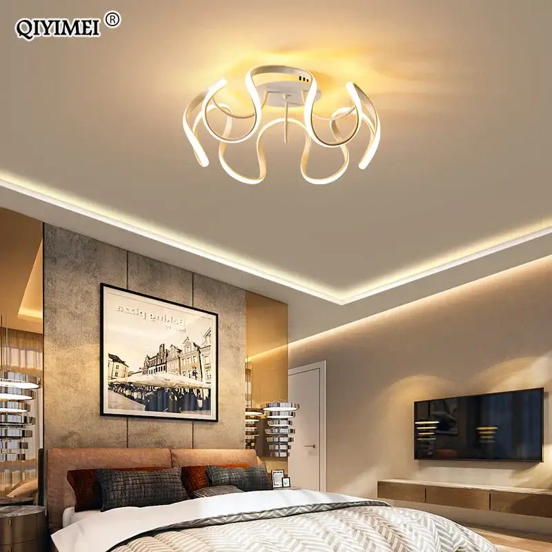 Modern white led chandelier with sleek curved ring design by decorbites ideal for living room and bedroom lighting