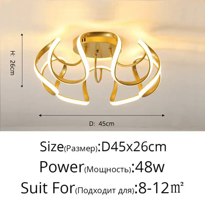 Gold-colored modern decorbites led chandelier with sleek curved led arms and central circular base for indoor lighting