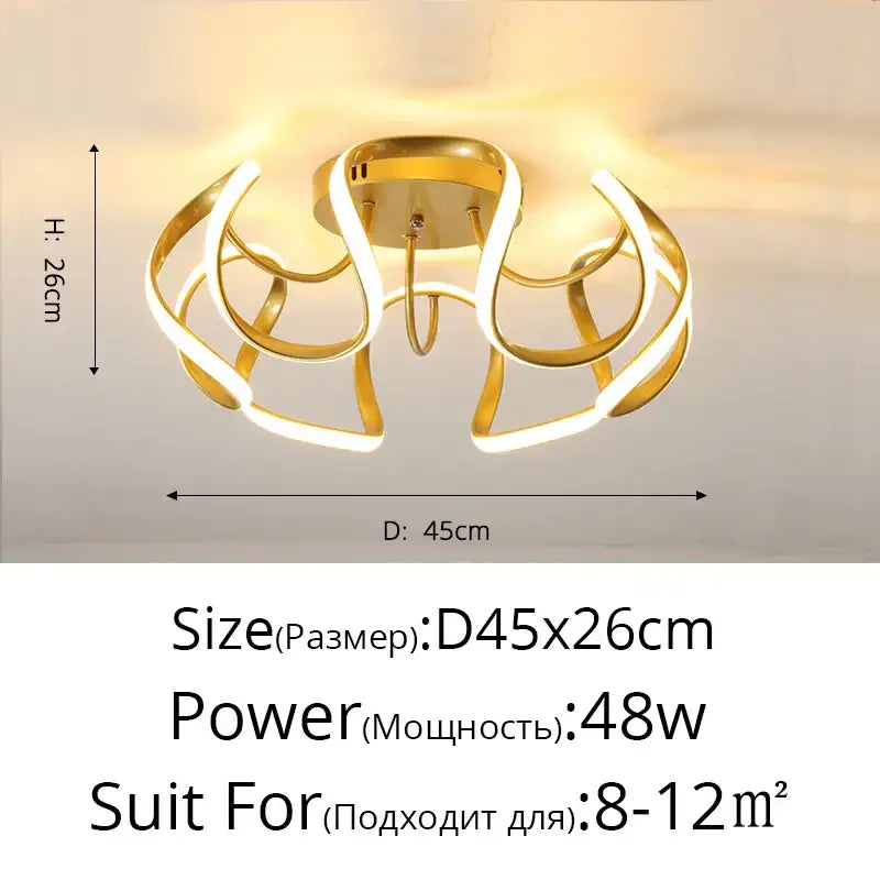 Gold-colored modern decorbites led chandelier with sleek curved led arms and central circular base for indoor lighting