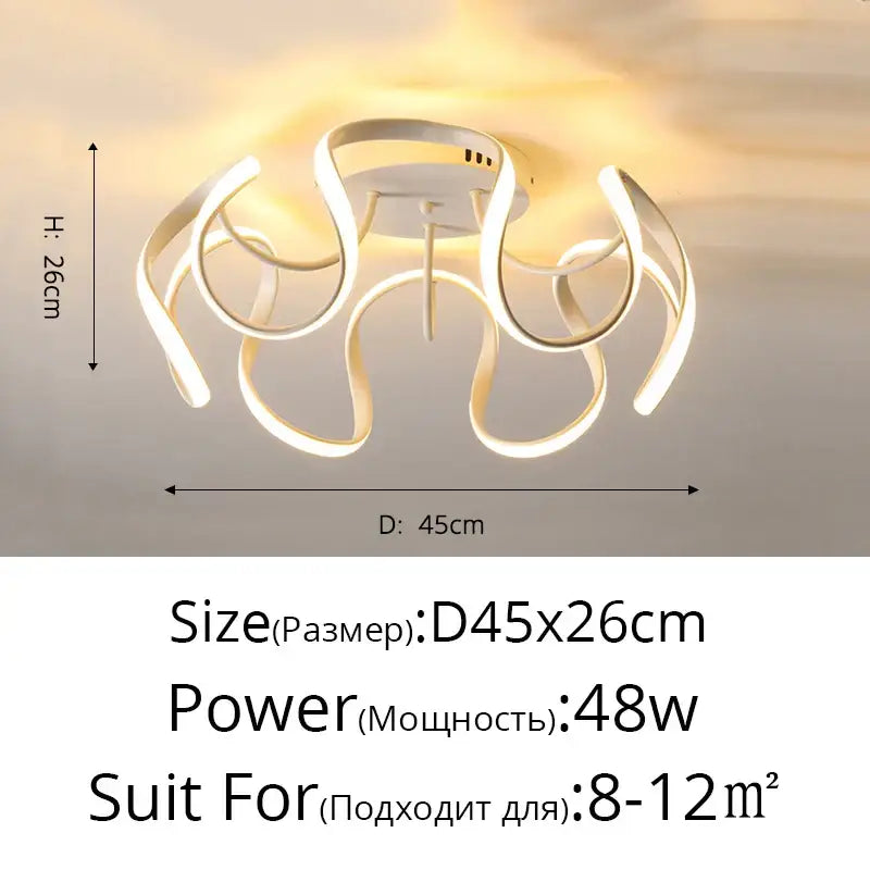 Modern white decorbites led chandelier with flowing curved arms and sleek metallic base for indoor living spaces