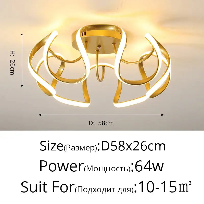 Gold-colored decorbites led chandelier with sleek intertwined curved arms and central circular base for modern indoor lighting