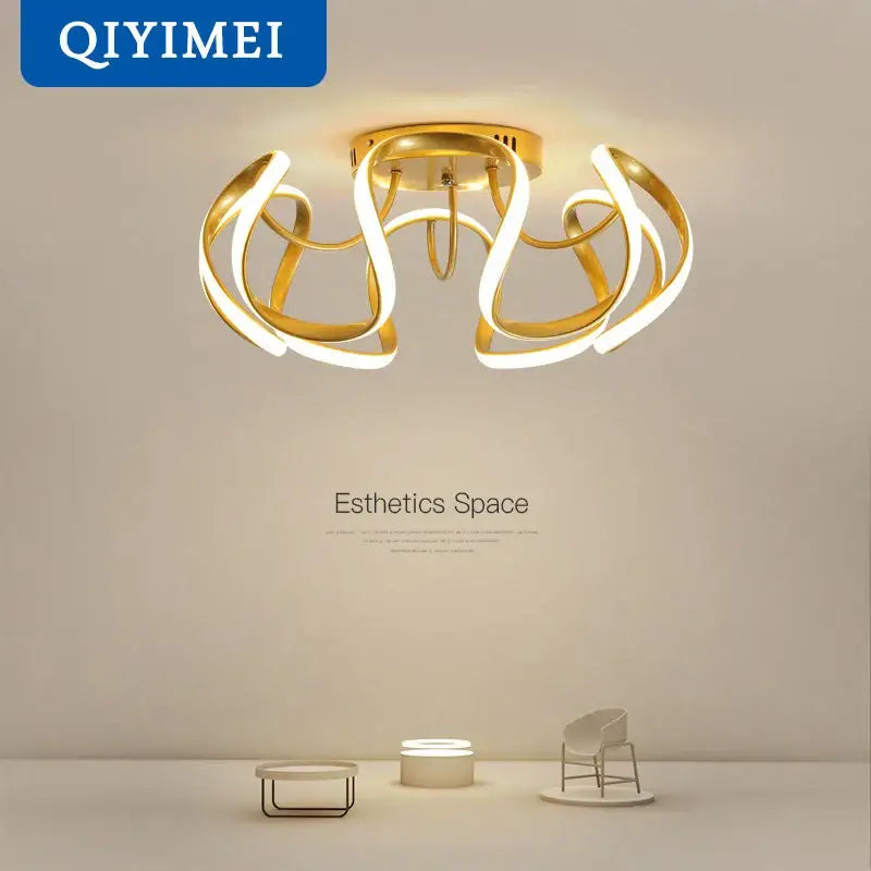 Gold-colored DecorBites LED chandelier with sleek intertwined LED strips and minimalist design for modern indoor lighting