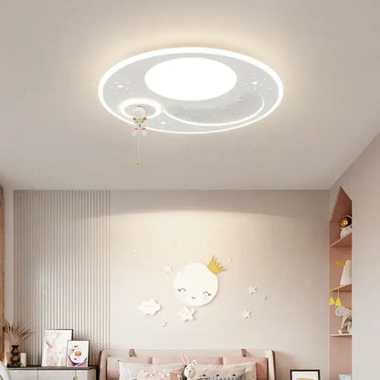 White circular decorbites led chandelier with moon star design and astronaut charm for modern lighting in kids rooms