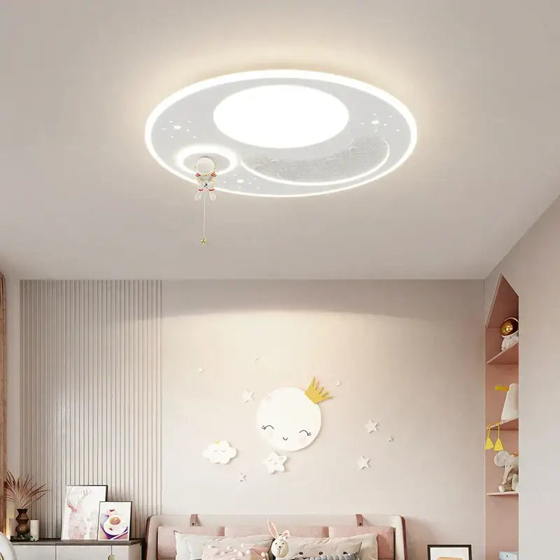 White circular decorbites led chandelier with moon star design and astronaut charm for modern lighting in kids rooms