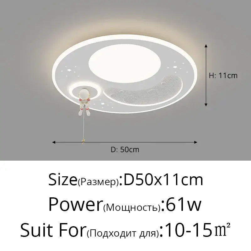 White circular DecorBites LED chandelier with moon star design and astronaut for children’s room chandelier modern lighting