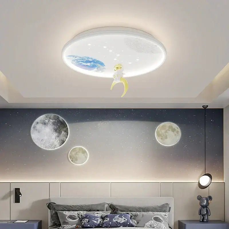 Decorbites led chandelier circular white translucent ceiling light with earth moon motif and yellow astronaut figure