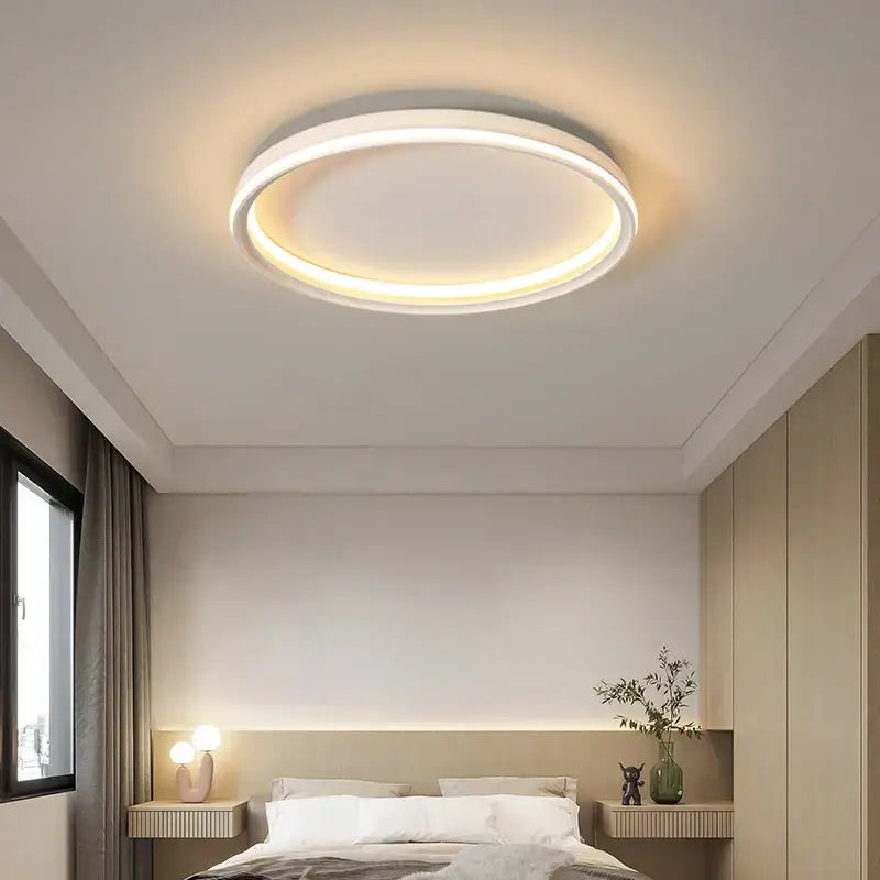 DecorBites led chandelier with a modern circular white frame and warm ambient glow for indoor living spaces