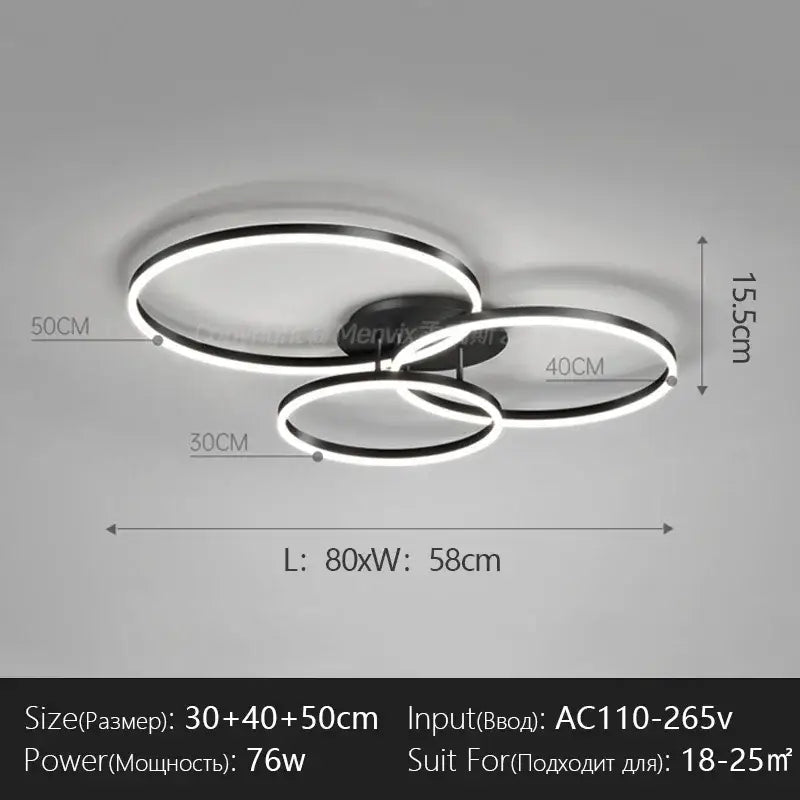 Modern minimalist decorbites led chandelier with three interlocking black rings and white led illumination for bedroom and dining room
