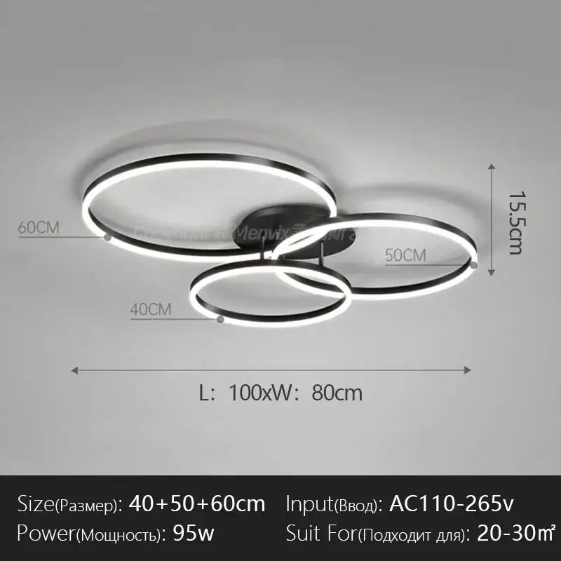 Modern black and white led chandelier with three interlocking circular rings for bedroom and dining room decorbites led chandelier