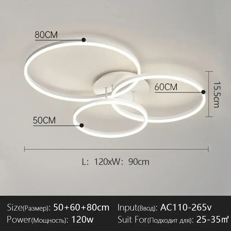Modern white led chandelier with three interlocking circular rings for bedroom and dining room by decorbites led chandelier