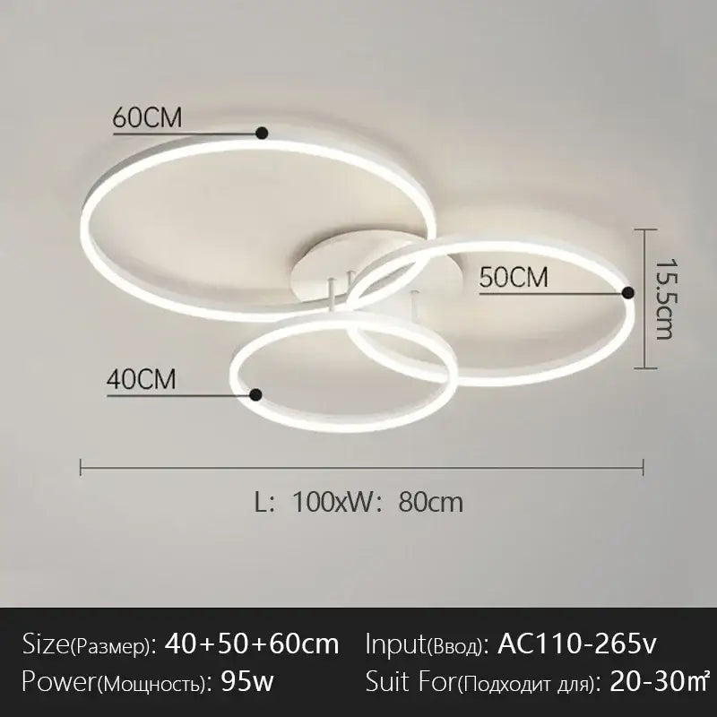 Modern white led chandelier with three interlocking circular rings for bedroom and dining room by DecorBites LED chandelier
