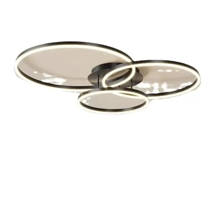 Modern ceiling light fixture with three overlapping metallic rings and illuminated edges decorbites led chandelier